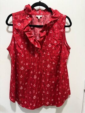 Talbots Red Anchor Ruffle Sleeveless Top